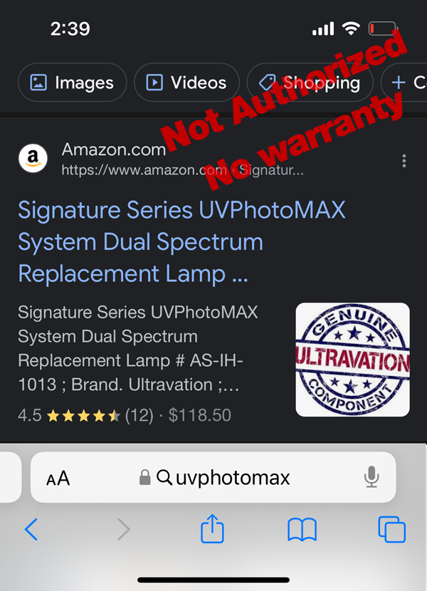 Amazon listing showing an unauthorized seller of Ultravation product