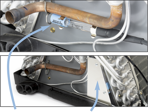 Horizontal lamp mounting. Shielding provided to restrict UV to drain pan area.